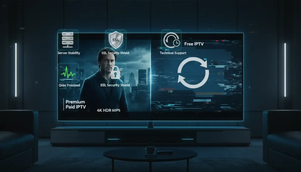 مقارنة بين IPTV المدفوع والـIPTV المجاني توضح جودة الصورة، استقرار السيرفرات، الأمان، وتجربة المستخدم على شاشة تلفاز ذكية