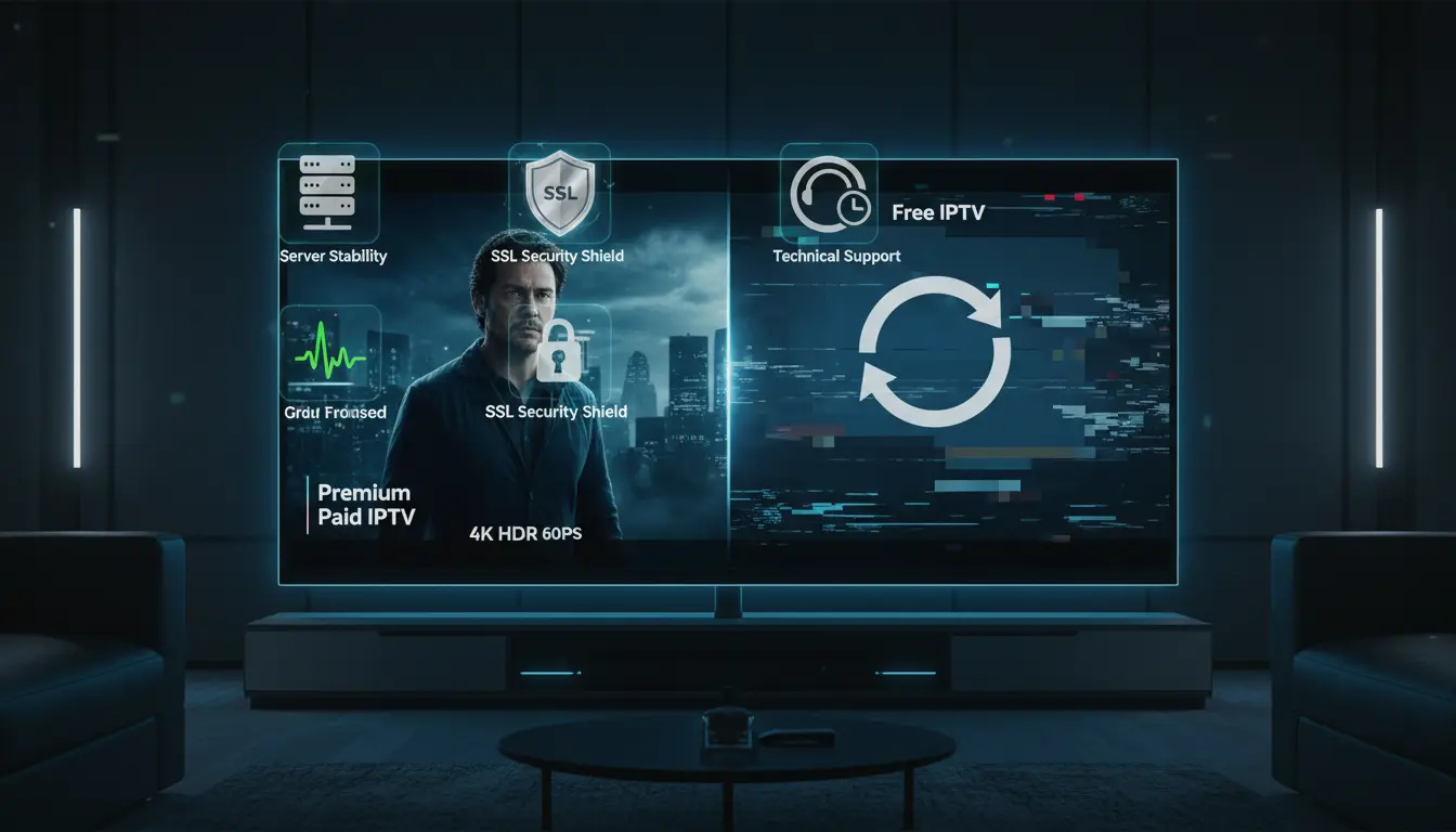 مقارنة بين IPTV المدفوع والـIPTV المجاني توضح جودة الصورة، استقرار السيرفرات، الأمان، وتجربة المستخدم على شاشة تلفاز ذكية