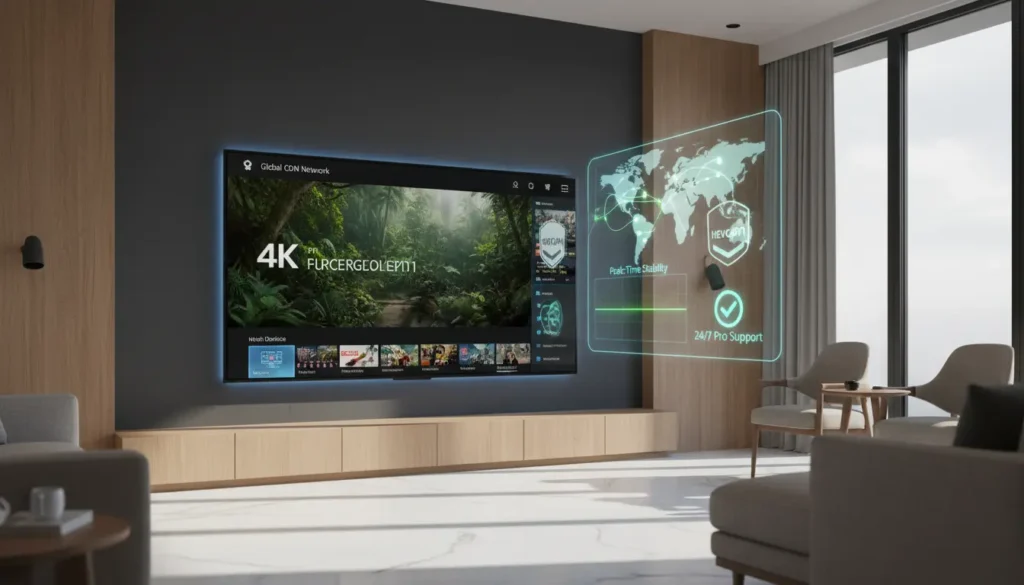 خطوات تقنية لاختيار أفضل سيرفر IPTV بدون تقطيع تشمل CDN محلي، بروتوكولات ضغط حديثة، اختبار الأداء، تطبيق متوافق، ودعم فني