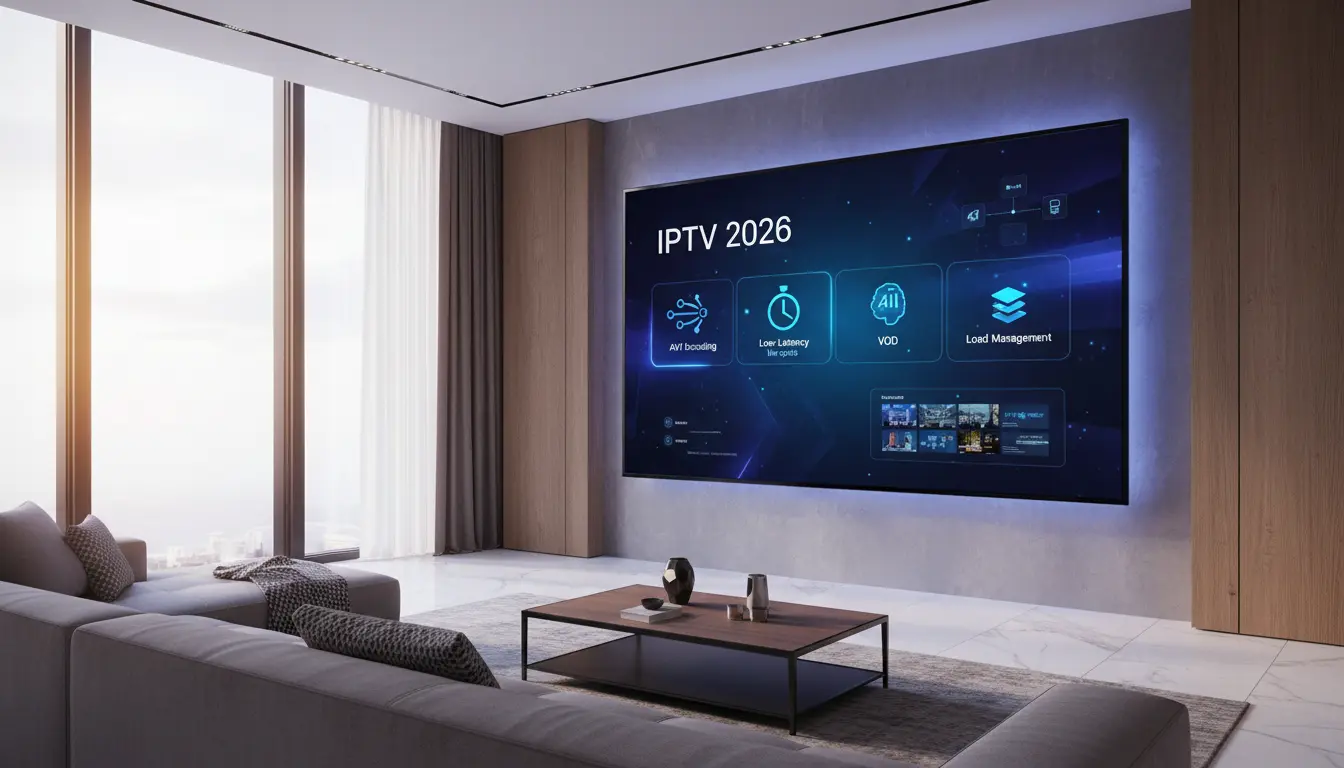 غرفة معيشة حديثة مع شاشة تعرض أفضل اشتراك IPTV 2026 مع بروتوكولات AV1، بث رياضي منخفض زمن الوصول، إدارة ذكية للأحمال، مكتبة فيديو ضخمة، ودعم فني مباشر