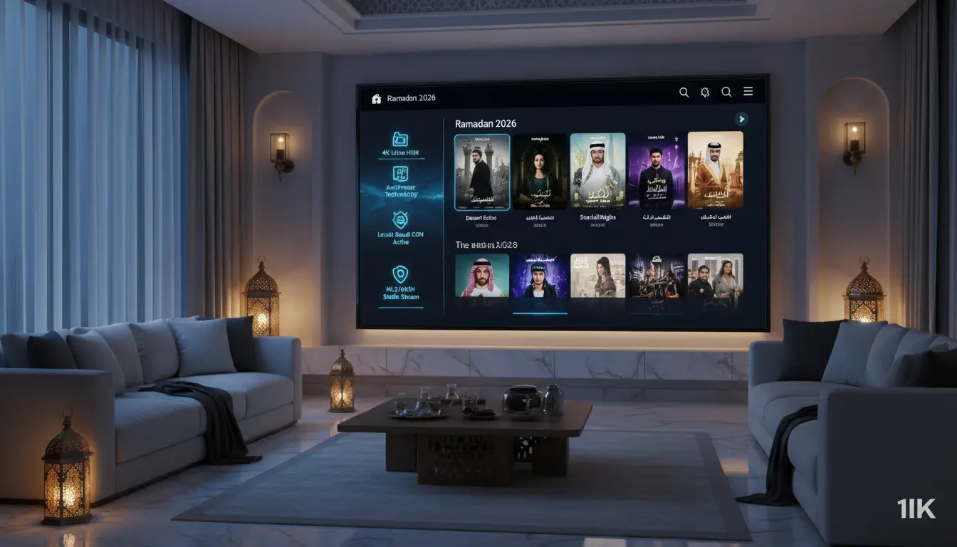 غرفة معيشة عائلية حديثة تعرض بث IPTV رمضان 2026 بجودة 4K، مع بروتوكولات Anti-Freeze 2026، شبكات CDN محلية، واستقرار عالي وقت الذروة
