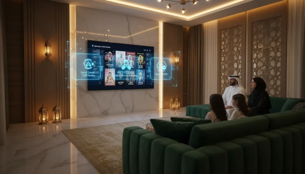 غرفة معيشة عائلية تعرض IPTV رمضان 2026 بجودة 4K مع سيرفرات قوية، CDN محلية، ترميز AV1/H.265، 60 FPS، واستقرار البث في أوقات الذروة
