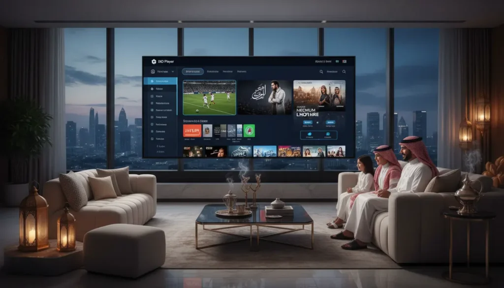 غرفة معيشة تعرض باقة IPTV رمضان 2026 متكاملة تشمل الرياضة، الدراما، والأفلام، بجودة 4K، معدل إطارات 60 FPS، وترميز HEVC/H.265