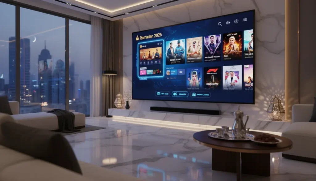 غرفة معيشة تعرض اشتراك IPTV رمضان تشغيل سريع 2026 مع فتح القنوات الفوري، مكتبة مسلسلات وأفلام، جودة 4K و1080p، وترميز HEVC/H.265