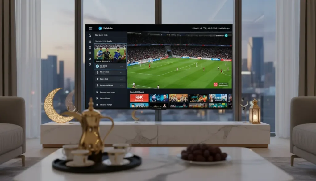 غرفة معيشة تعرض IPTV رمضان بث رياضي مستقر 2026، مباراة كرة قدم مباشرة بجودة 1080p و4K، معدل 60 إطار في الثانية وترميز HEVC/H.265