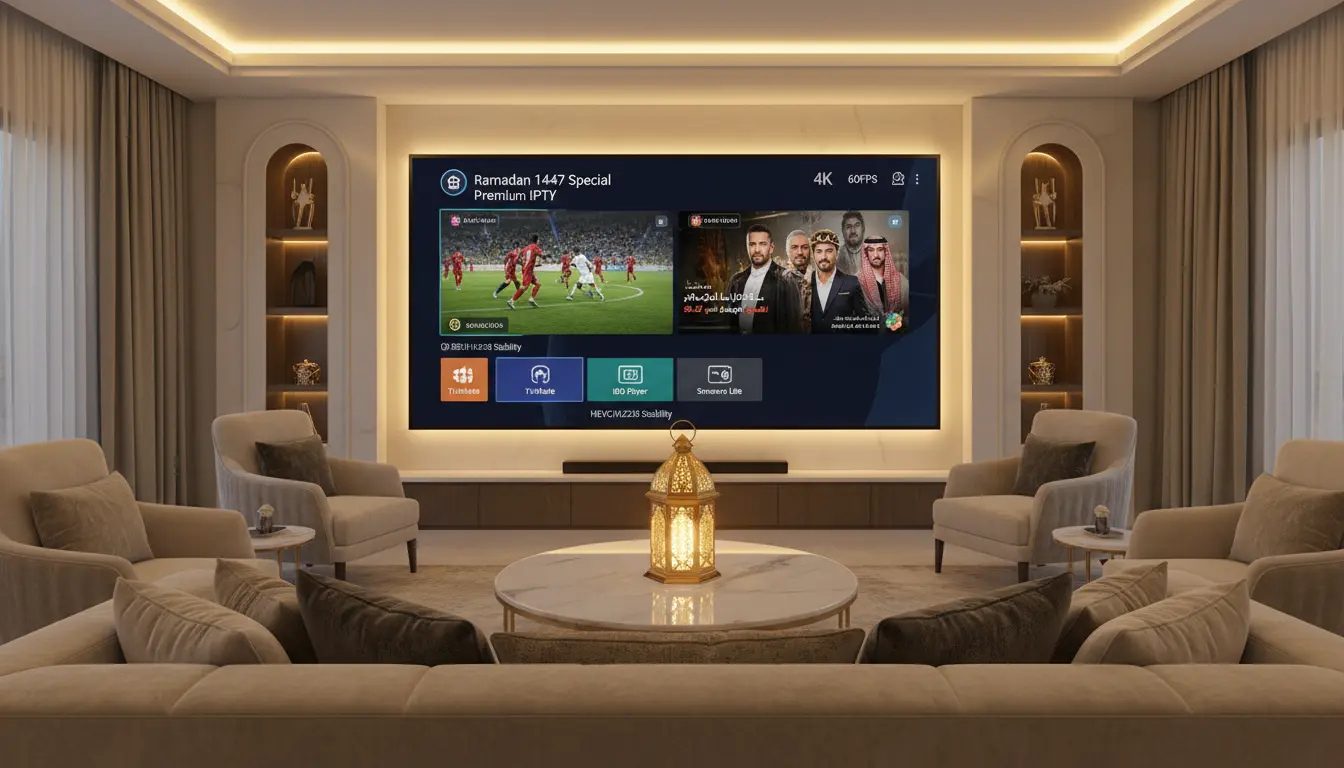 غرفة معيشة تعرض أقوى عرض اشتراك IPTV رمضان 2026، بث مباشر ثابت 1080p و4K، معدل 60 FPS وترميز HEVC/H.265، مكتبة مسلسلات رمضان وأفلام