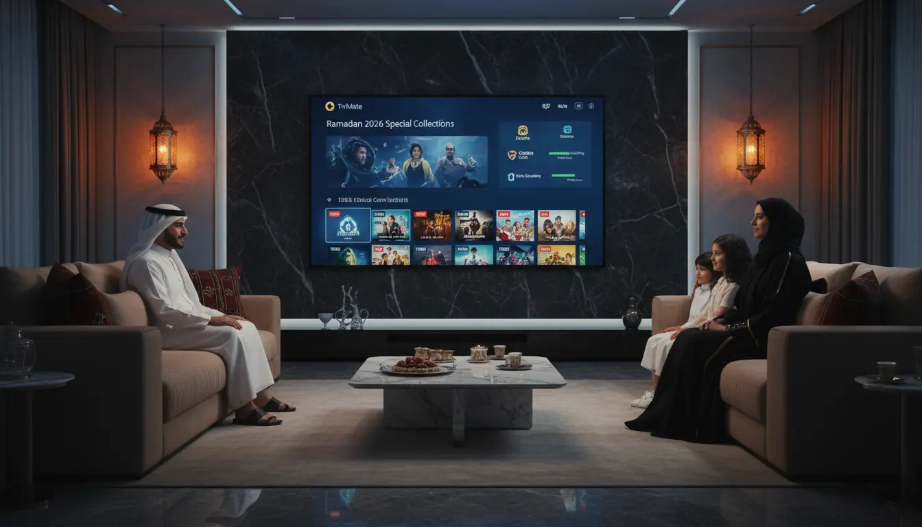 غرفة معيشة تعرض IPTV رمضان 2026 بث 4K مستقر، مكتبة مسلسلات محدثة، قنوات رياضية وترفيهية، مقارنة سيرفرات Falcon وCobra Gold وUniverse