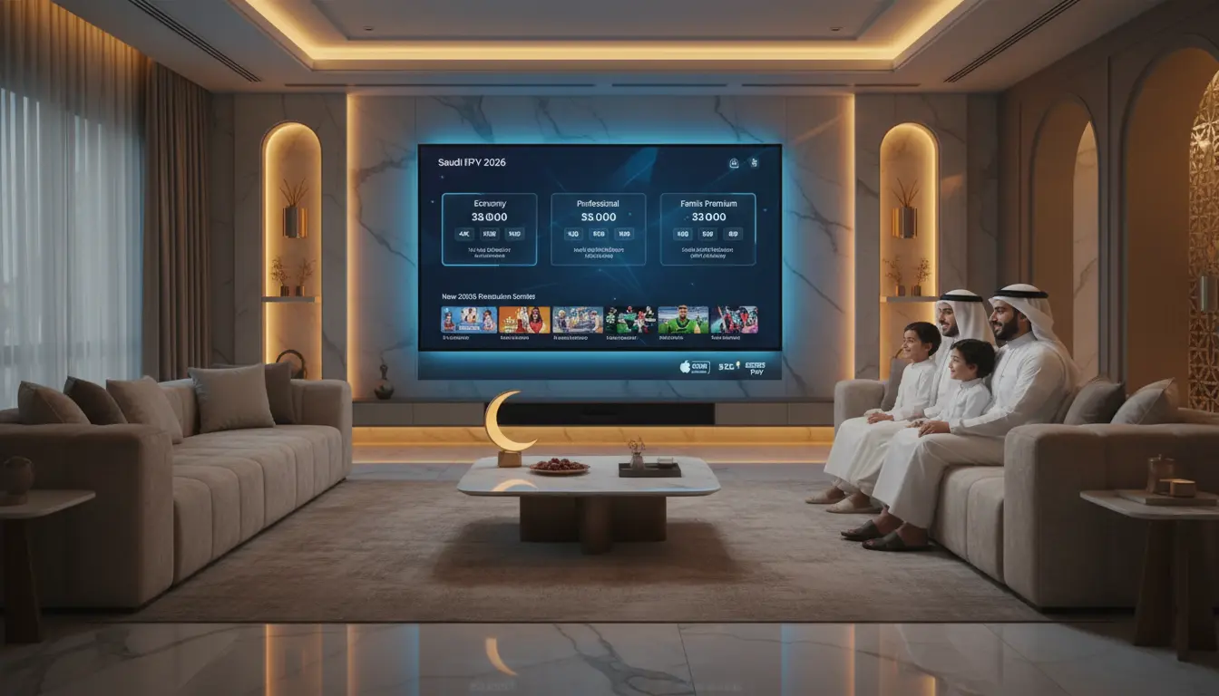 غرفة معيشة تعرض IPTV السعودية 2026 بجودة 4K، رسم بياني لفئات الاشتراك الاقتصادي والاحترافي والعائلي، مكتبة مسلسلات وأفلام محدثة، استقرار السيرفرات المحلية، الدفع الآمن