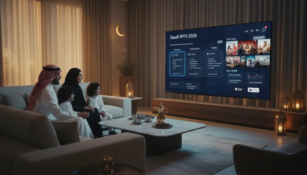 غرفة معيشة تعرض IPTV السعودية 2026 بجودة 4K، رسم بياني لفئات الاشتراك الاقتصادي والاحترافي والعائلي، مكتبة مسلسلات وأفلام VOD محدثة، استقرار السيرفرات المحلية وCDN، الدفع الآمن