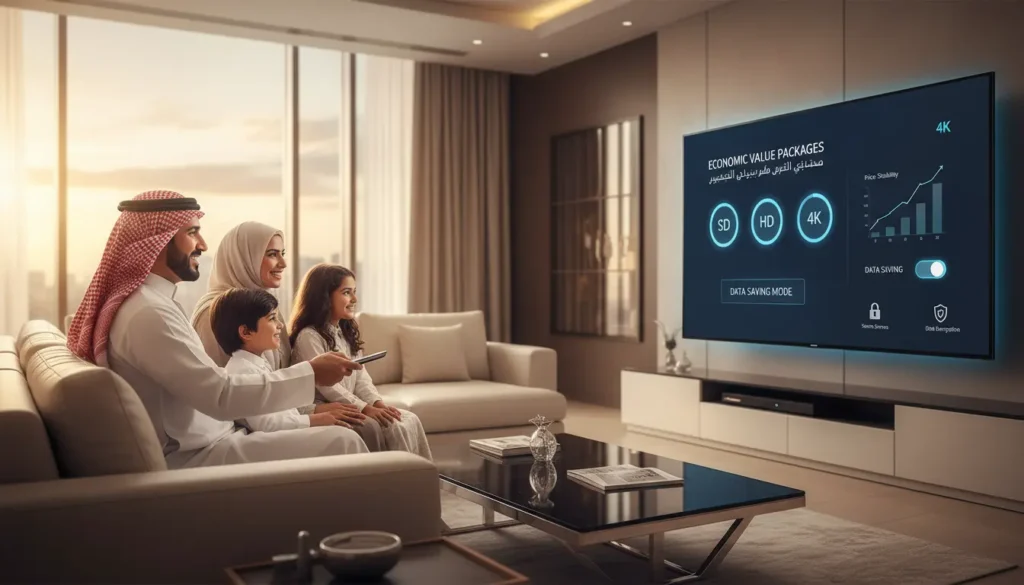 عائلة سعودية تشاهد IPTV عبر TV Box، واجهة التطبيق تعرض الباقات الاقتصادية، جودة 4K وميزات بث مستقر