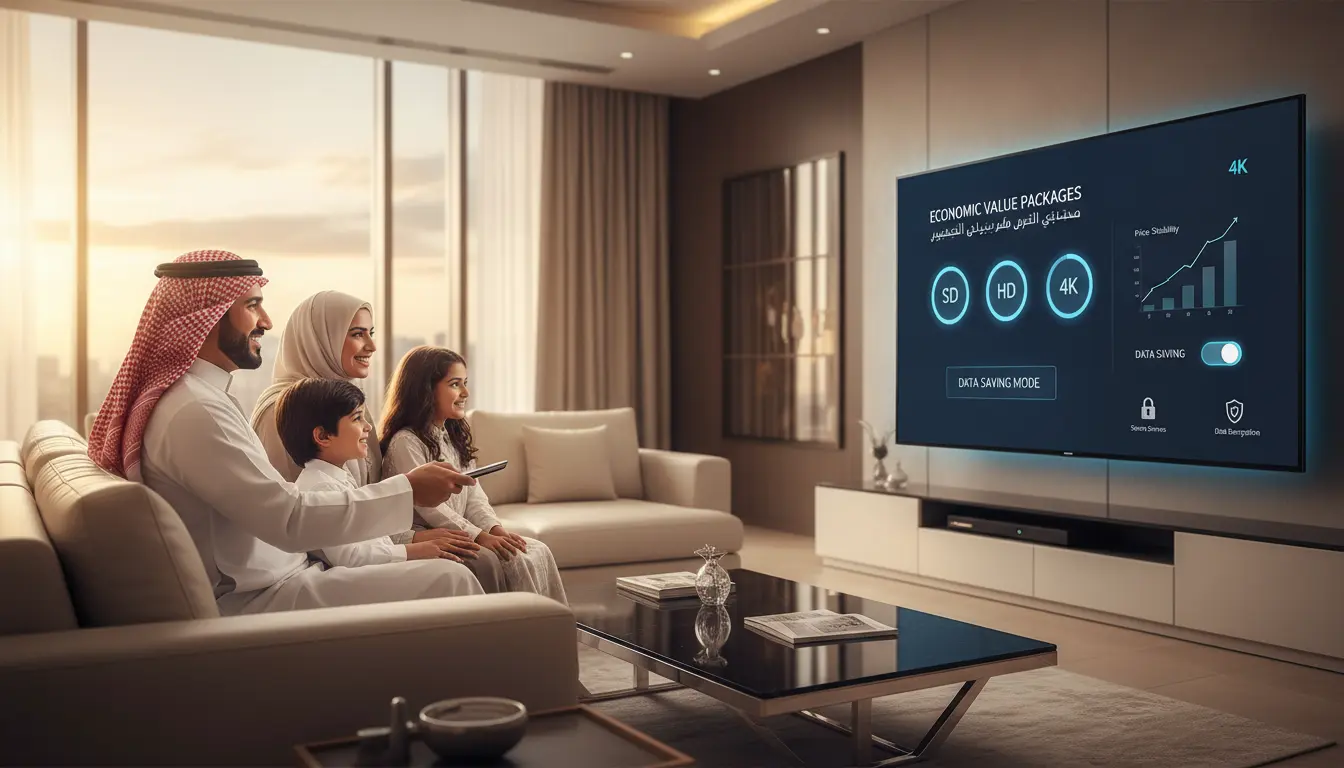 عائلة سعودية تشاهد IPTV عبر TV Box، واجهة التطبيق تعرض الباقات الاقتصادية، جودة 4K وميزات بث مستقر