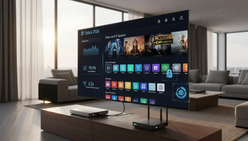 شاشة تلفاز تعرض واجهة IPTV كوبرا 2026، قوائم VOD، جودة 4K، أيقونات استقرار السيرفر والسرعة، مع جهاز TV Box متصل