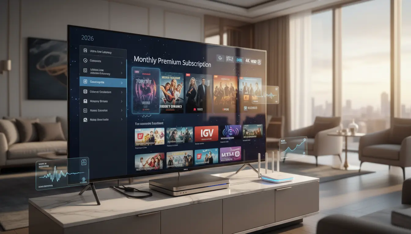 شاشة تلفاز تعرض واجهة باقة IPTV شهرية، قوائم VOD وقنوات مباشرة، مؤشرات سرعة البث واستقرار السيرفر، جهاز TV Box متصل بالراوتر
