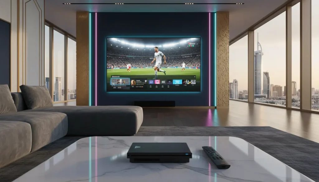 رسم تقني يوضح بنية سيرفر IPTV قوية مع شبكات CDN وتقنيات بث 4K و8K بدون تقطيع