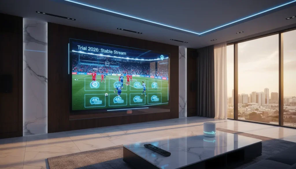 واجهة اختبار اشتراك IPTV تجريبي تعرض بيانات البث مثل ping وbitrate وجودة 4K