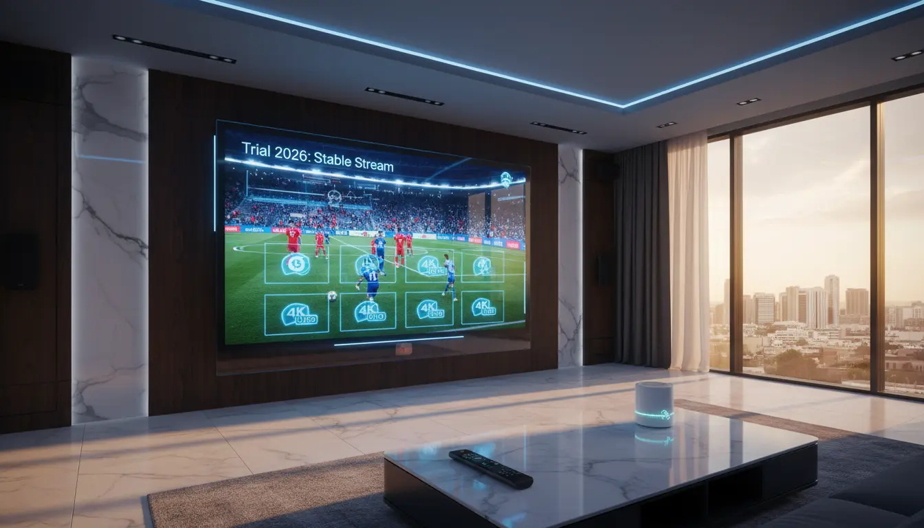 واجهة اختبار اشتراك IPTV تجريبي تعرض بيانات البث مثل ping وbitrate وجودة 4K