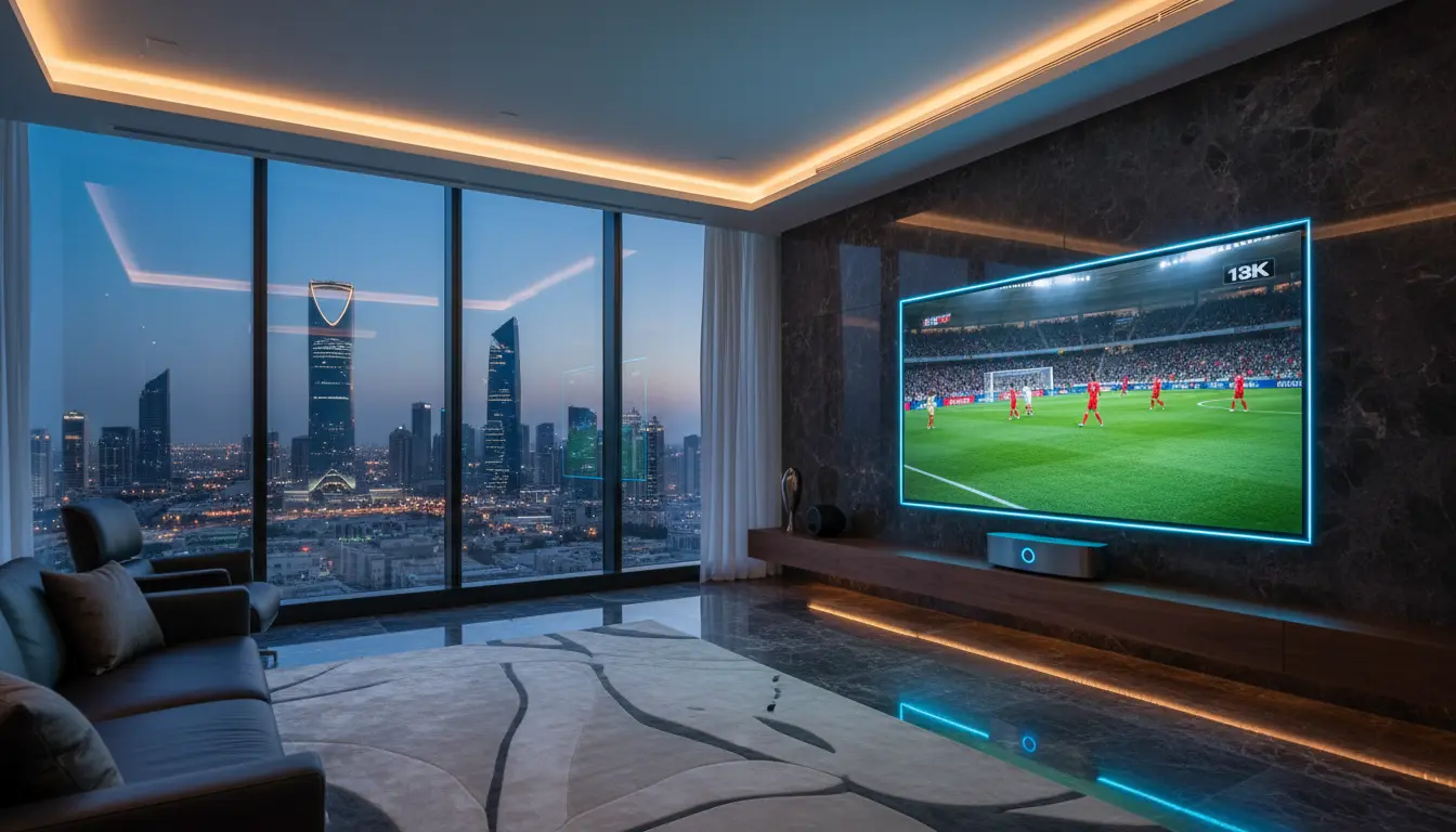 غرفة معيشة حديثة في السعودية تعرض بث IPTV على شاشة 4K مع اتصال إنترنت سريع