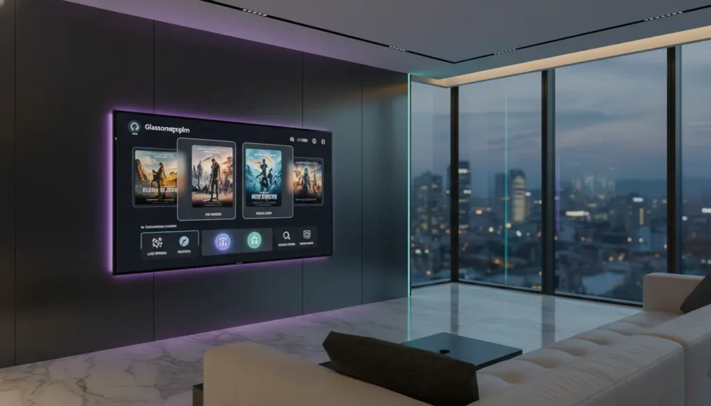 واجهة تطبيق IPTV حديثة تعرض القنوات المباشرة ومكتبة الأفلام مع مؤشرات مزامنة سحابية وفك تشفير الأجهزة