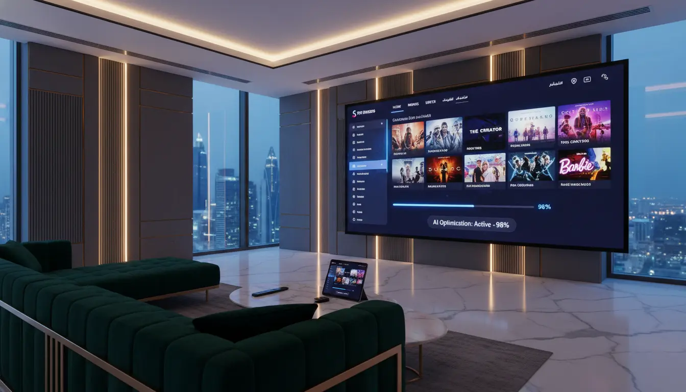 واجهة Smarters IPTV 2026 تعرض قنوات متعددة، مكتبة أفلام، دليل برامج، مع مؤشرات المزامنة السحابية وتحسين البث الذكي
