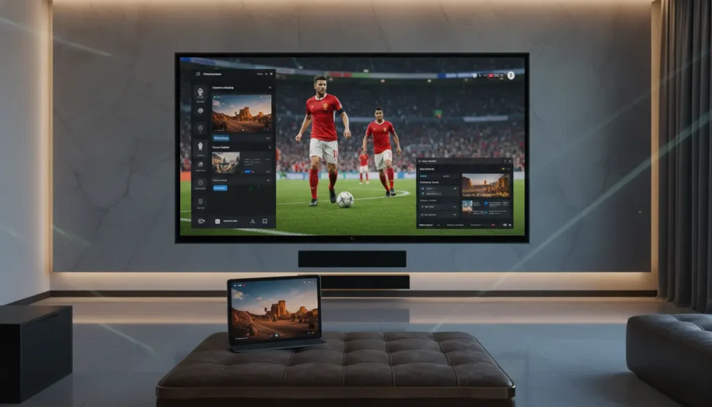 واجهة اشتراك IPTV جهازين 2026 تعرض قناتين مختلفتين مع مؤشرات التحميل التكيفي والاتصال المتزامن