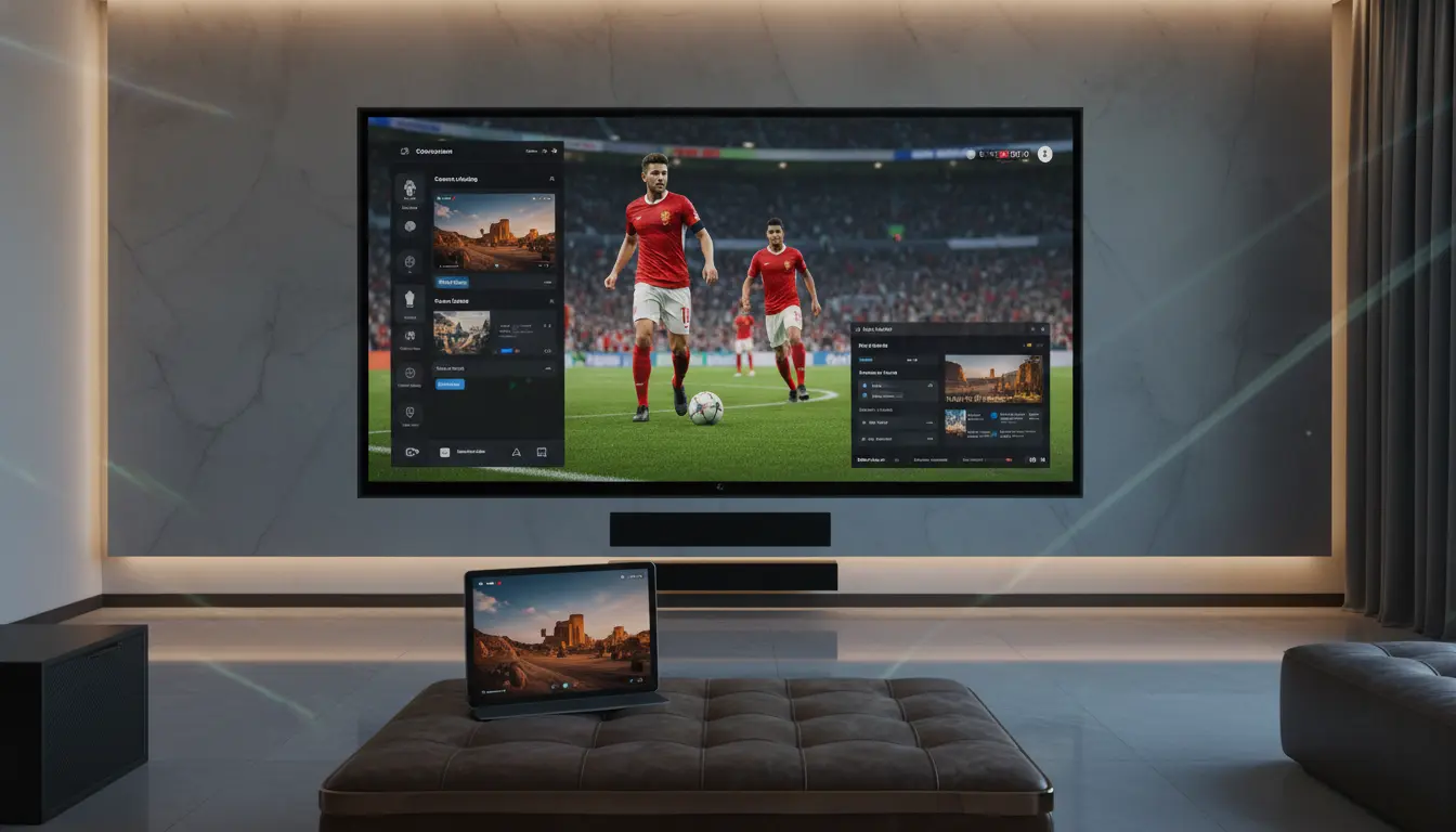 واجهة اشتراك IPTV جهازين 2026 تعرض قناتين مختلفتين مع مؤشرات التحميل التكيفي والاتصال المتزامن