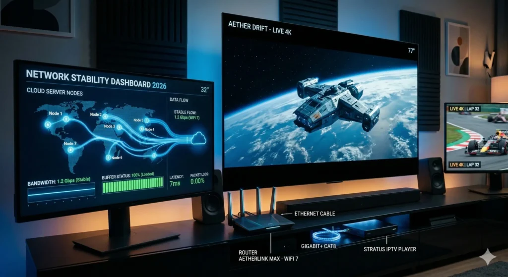 صورة توضيحية لبث IPTV 4K مستقر على شاشات متعددة مع شبكات سيرفرات سحابية ومؤشرات الباندويث والتحكم في البفر، بدون أشخاص