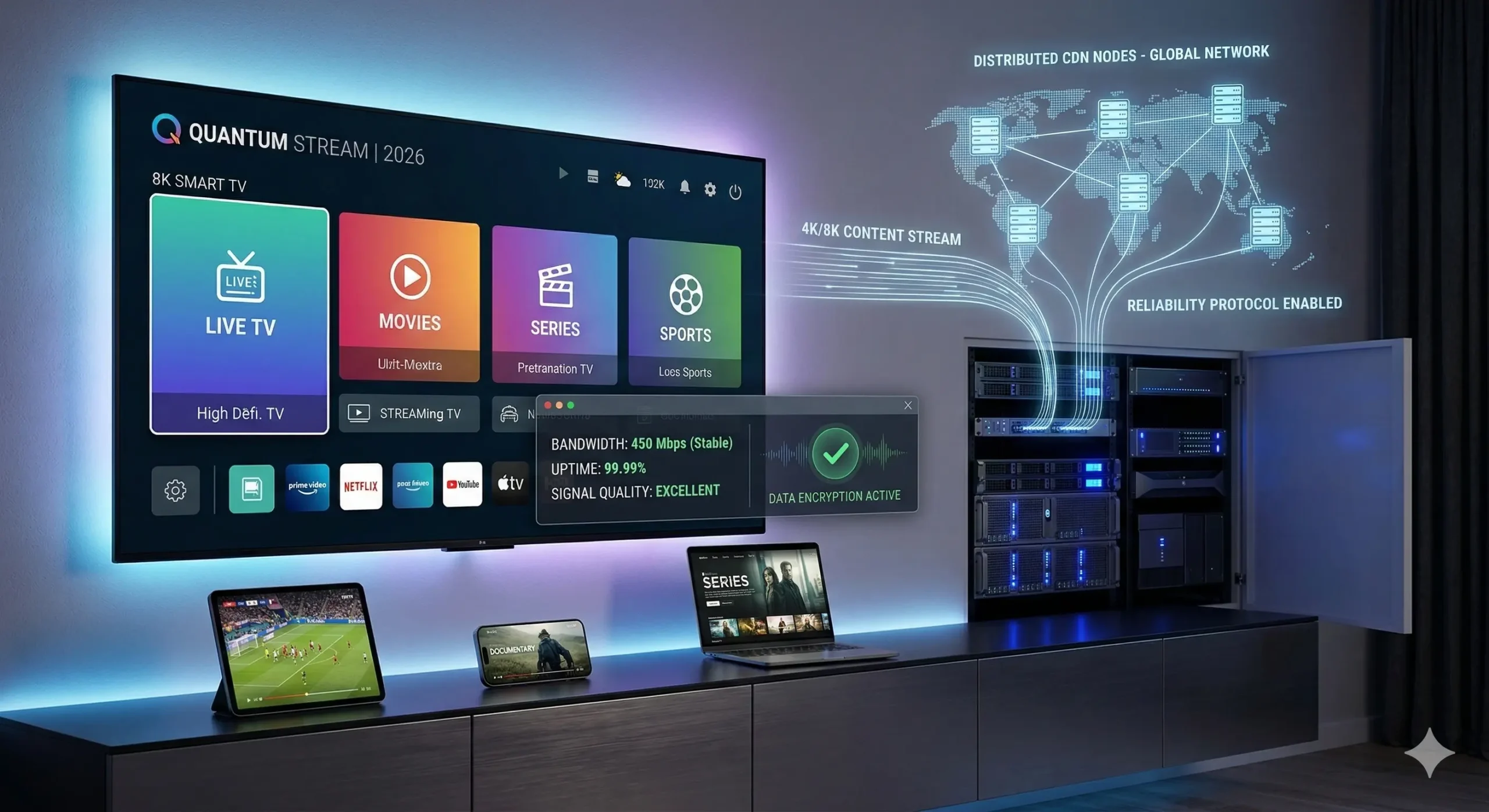 صورة توضيحية لمزود IPTV موثوق مع سيرفرات موزعة، حماية البيانات، واجهات تطبيقات ذكية، وبث 4K/8K سلس على أجهزة متعددة، بدون أشخاص