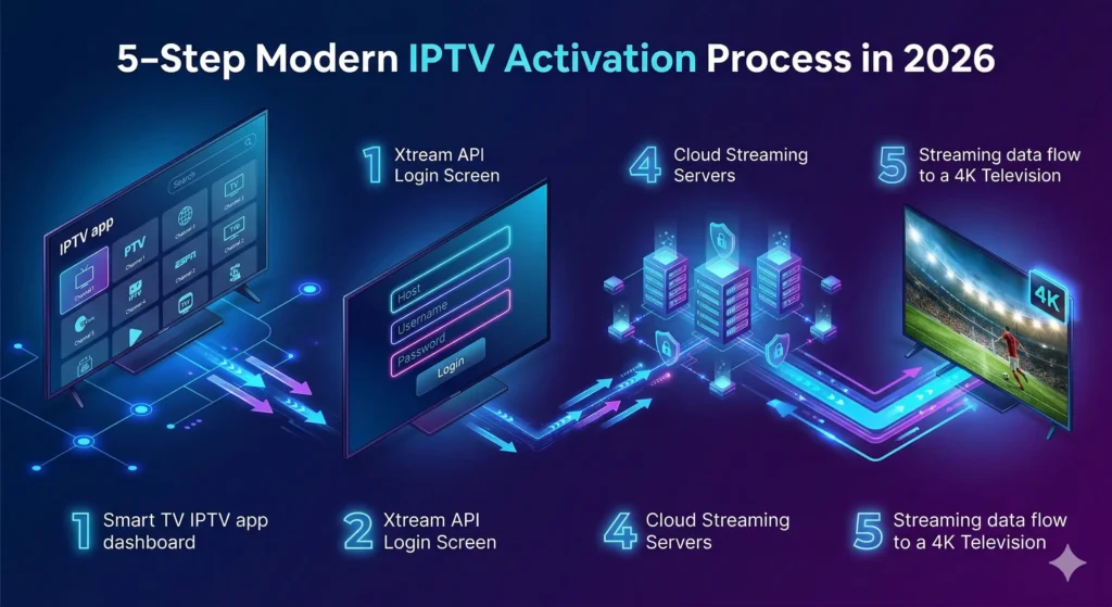 إنفوجرافيك يوضح خطوات تفعيل اشتراك IPTV في 2026 عبر تطبيق على التلفزيون الذكي مع اتصال بسيرفرات البث السحابية وبيانات Xtream API