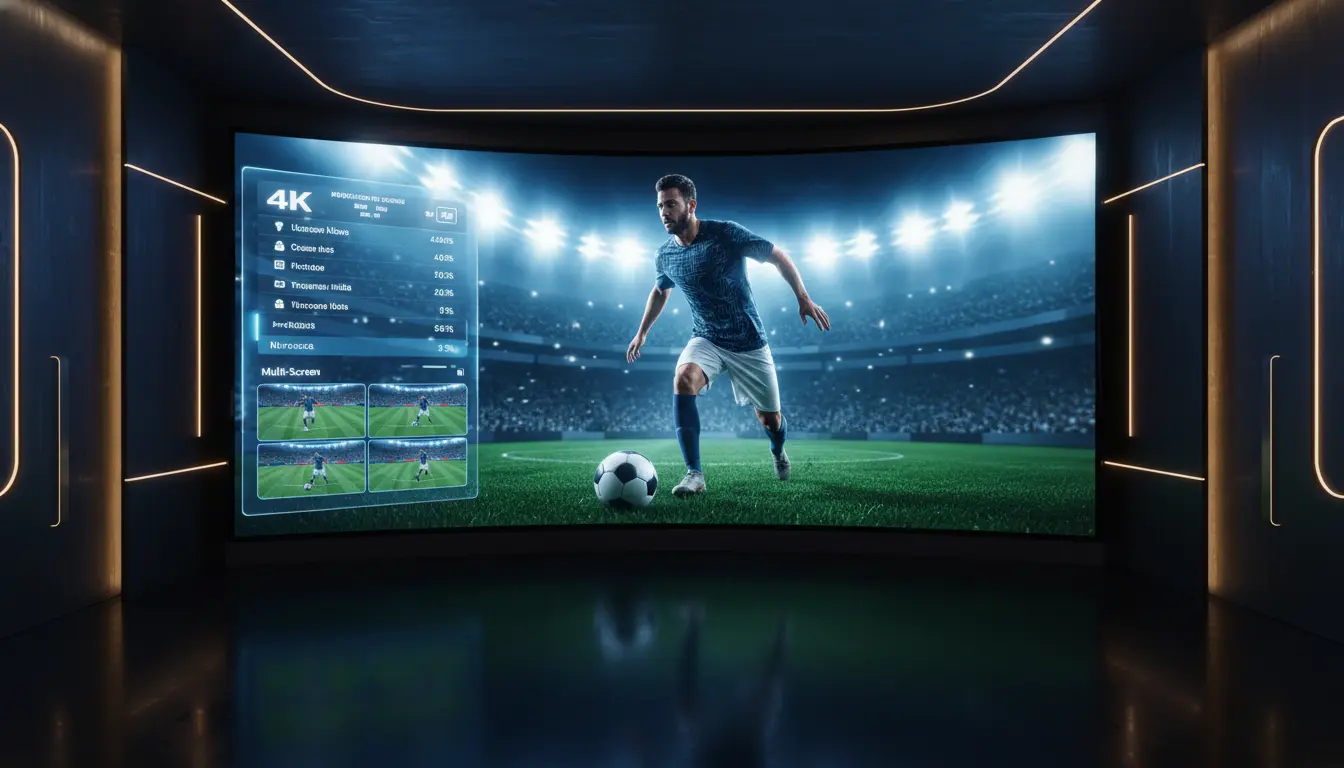 واجهة IPTV حديثة تعرض قنوات رياضية متعددة بدقة 4K، مع مخططات توضح تقنيات البث الذكي مثل التأخير المنخفض ومعدل الإطارات العالي
