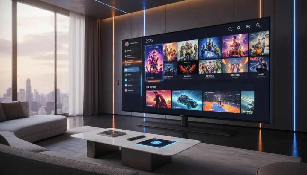شاشات ذكية تعرض واجهات IPTV حديثة بدقة 4K و 8K، مع مؤشرات البث الذكي، دليل البرامج الإلكتروني، وتقنيات التخزين المؤقت