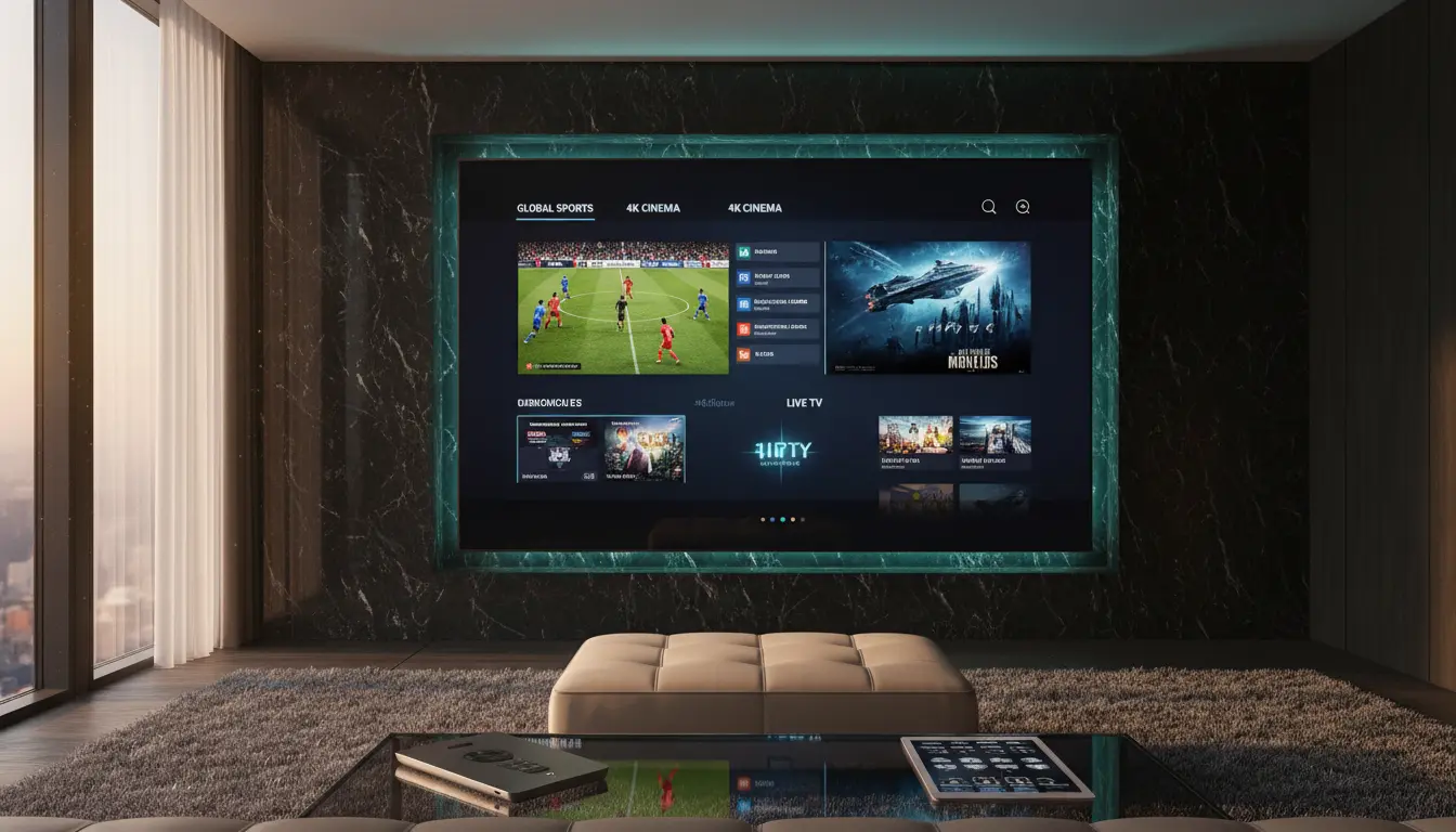 صورة توضيحية لمقارنة IPTV الرسمي مقابل التجاري، تعرض اختلاف المكتبات، تعدد الأجهزة، استقرار البث، وتجربة المستخدم