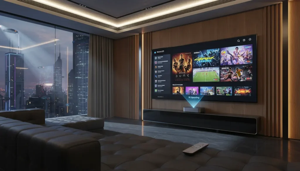صورة توضيحية لنظام IPTV للأندرويد 2026، تظهر تعدد المشغلات الاحترافية، 4K/8K، AI upscaling، التحكم الصوتي، والمشاهدة المتعددة