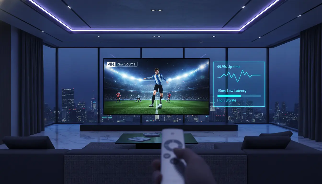 صورة توضيحية لاختبار اشتراك IPTV لعام 2026، مع مؤشرات قياس معدل البت، التأخير، الترجمة، سرعة التنقل بين القنوات واستقرار السيرفر