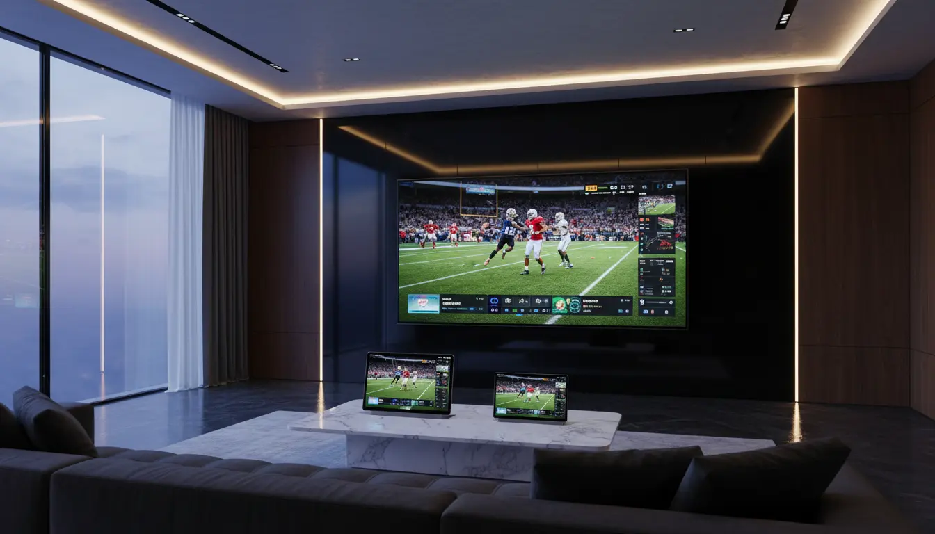 صورة توضيحية لنظام IPTV متعدد الأجهزة لعام 2026، يعرض بث متزامن على شاشات متعددة بدقة 4K وFull HD مع واجهة احترافية ومزامنة سحابية