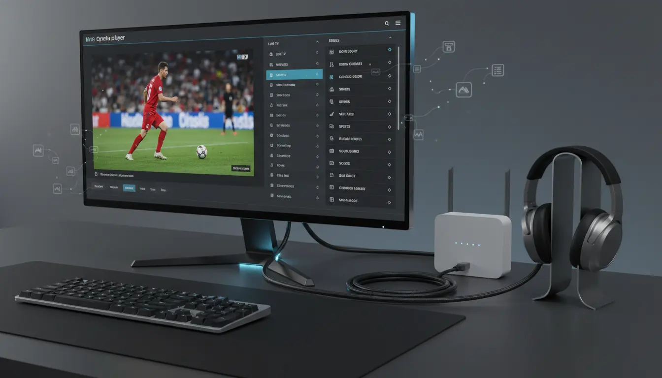 صورة توضح تشغيل قنوات IPTV على الكمبيوتر عبر برنامج VLC مع اتصال إنترنت سلكي لضمان بث مستقر