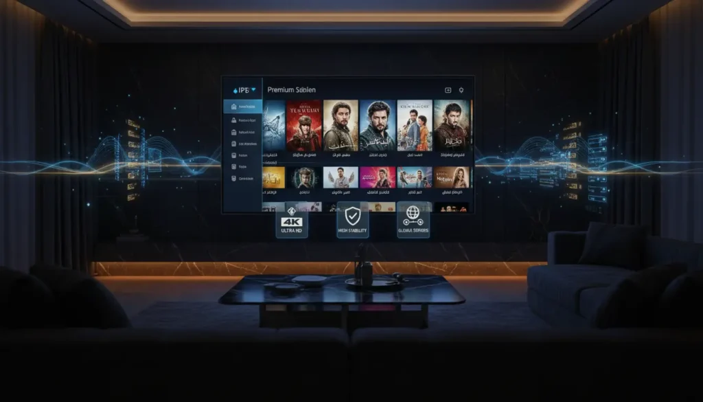 صورة توضح مشاهدة القنوات التركية والمسلسلات عبر اشتراك IPTV بجودة عالية على شاشة تلفاز ذكية