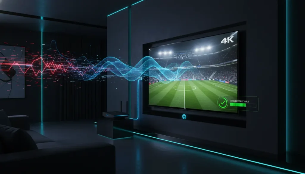 صورة توضيحية لطرق حل مشكلة تقطيع IPTV عبر تحسين الشبكة وربط التلفاز بالراوتر للحصول على بث مستقر