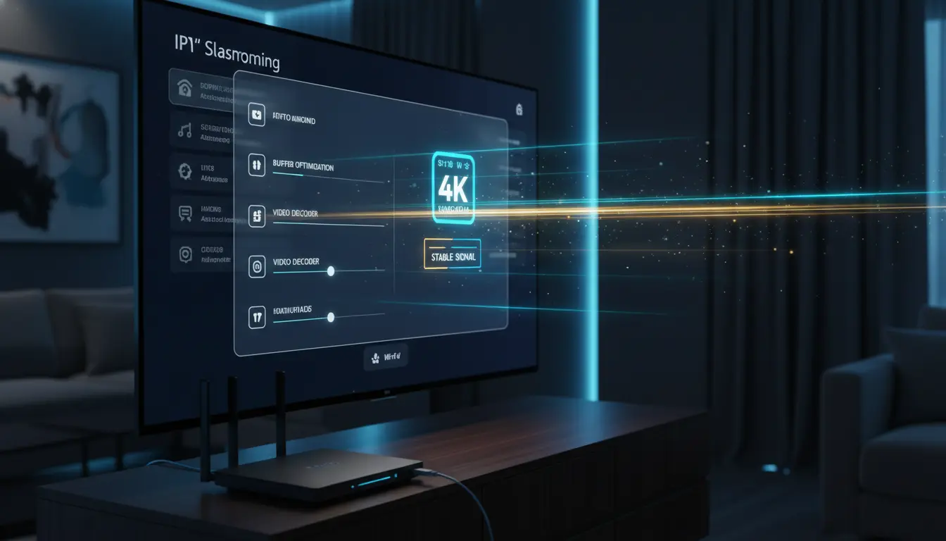 صورة توضح إعدادات IPTV داخل تطبيق البث على شاشة ذكية لتحسين جودة المشاهدة وتقليل التقطيع