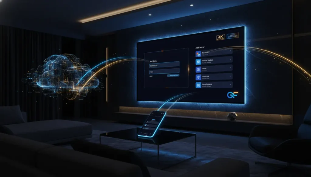 صورة توضح كيفية إضافة رابط IPTV على شاشة تلفاز ذكية وتطبيق الهاتف لضمان بث مستقر