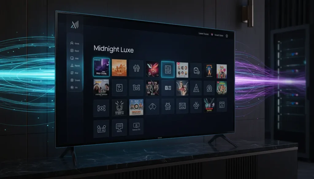 صورة لشاشة Samsung Smart TV تعرض تطبيق IPTV مع قوائم القنوات والأفلام الرقمية لضمان بث مستقر وسلس