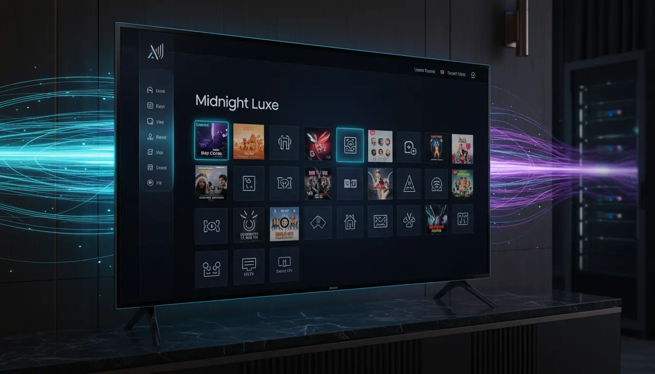 صورة لشاشة Samsung Smart TV تعرض تطبيق IPTV مع قوائم القنوات والأفلام الرقمية لضمان بث مستقر وسلس