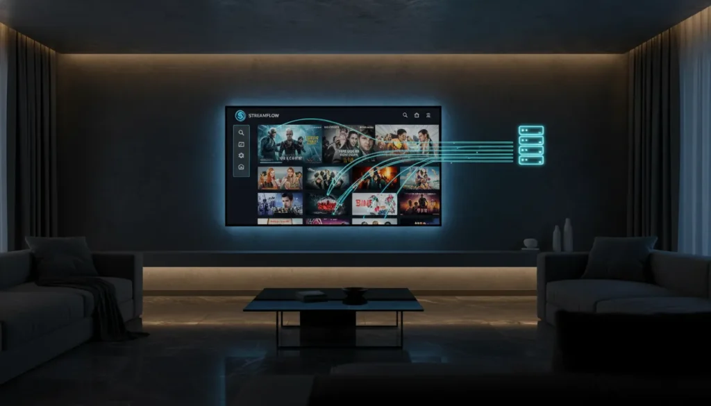 صورة لشاشة ذكية تعرض تطبيق IPTV مع قوائم قنوات وأفلام محسّنة للبث على الإنترنت البطيء لضمان تجربة مشاهدة سلسة ومستقرة