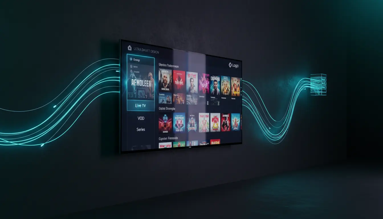 صورة لشاشة Android TV تعرض تطبيق IPTV مع قوائم قنوات وأفلام محسّنة للبث السلس على الإنترنت لضمان تجربة مشاهدة مستقرة