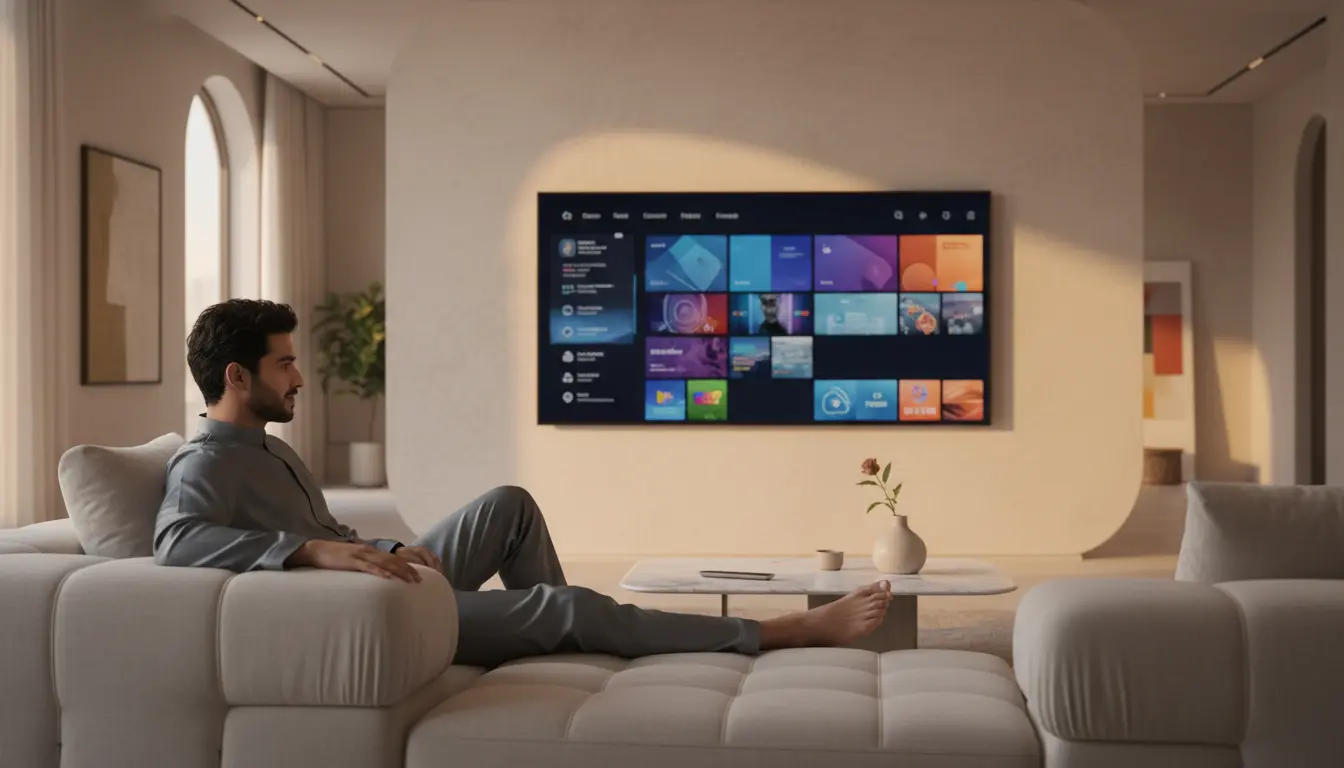 أفضل تطبيق IPTV للاندرويد TV على شاشة ذكية داخل منزل سعودي عصري