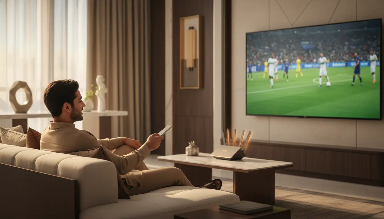 حل مشكلة توقف IPTV وقت المباريات في منزل سعودي مع بث مستقر على شاشة ذكية