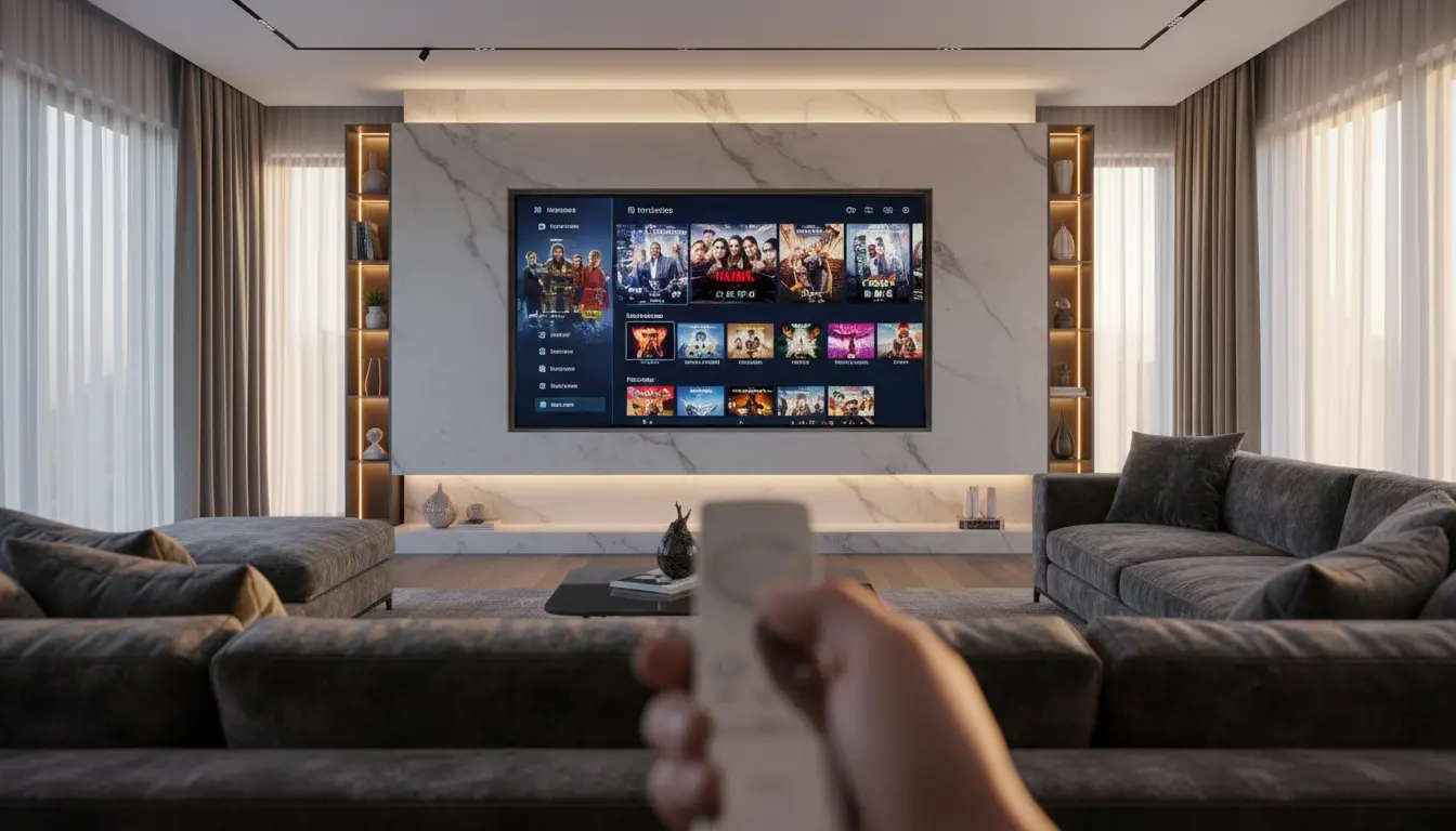 واجهة ترفيه منزلية حديثة مستوحاة من أفضل تطبيق IPTV للأفلام والمسلسلات في 2026