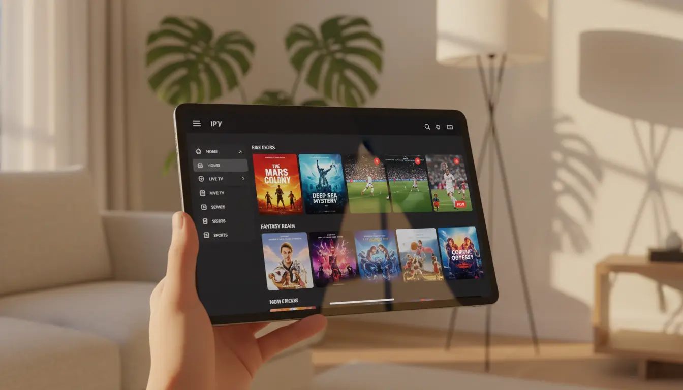 جهاز iPad يعرض واجهة IPTV حديثة ضمن مشهد أنيق يعبر عن سهولة تشغيل الخدمة