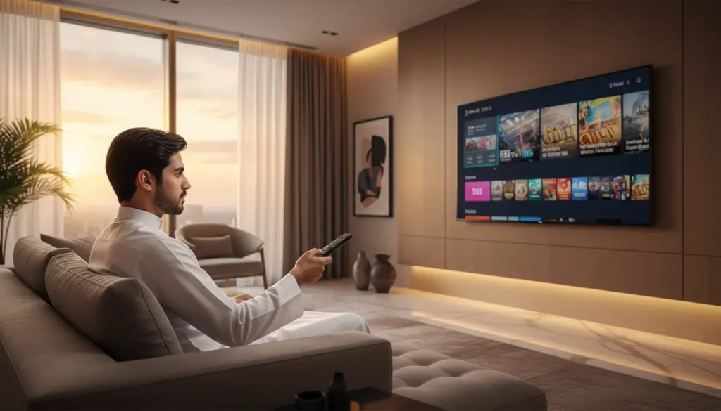 تشغيل IPTV على LG Smart TV داخل غرفة معيشة عصرية في منزل سعودي