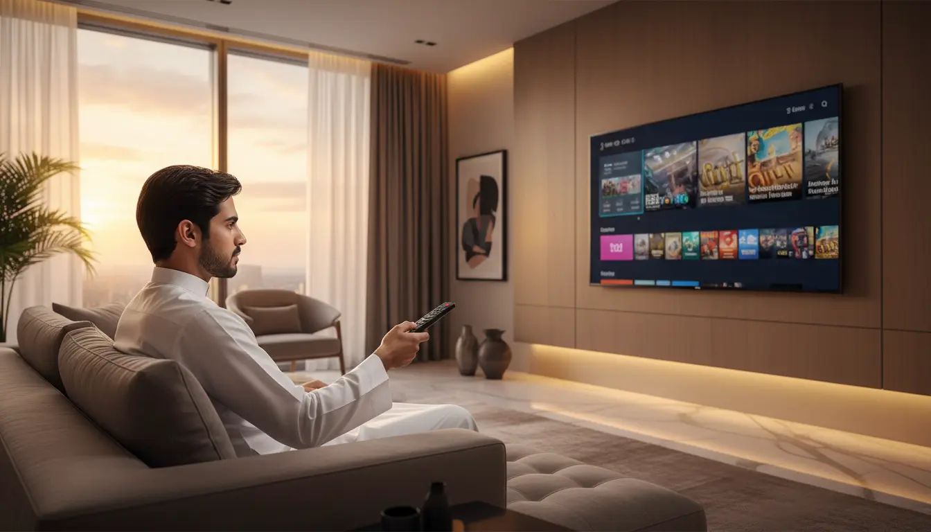 تشغيل IPTV على LG Smart TV داخل غرفة معيشة عصرية في منزل سعودي