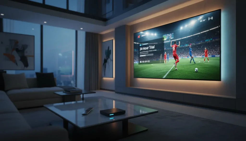 اشتراك IPTV يوم تجريبي على شاشة تلفزيون ذكية لاختبار جودة القنوات والبث قبل الشراء